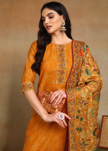 Women's Yellow Ethnic Motif Printed Kurta with Kantha & Sequin Work, Paired with Trousers and Dupatta