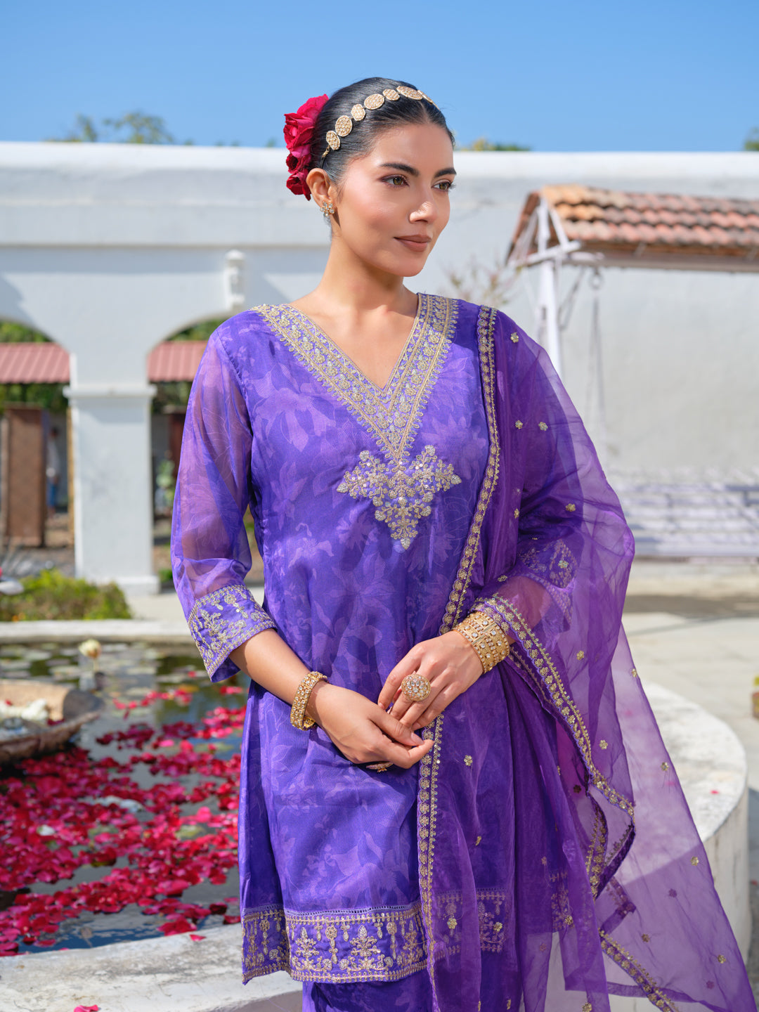 Embroidered V-Neck Kurta & Trousers With Dupatta