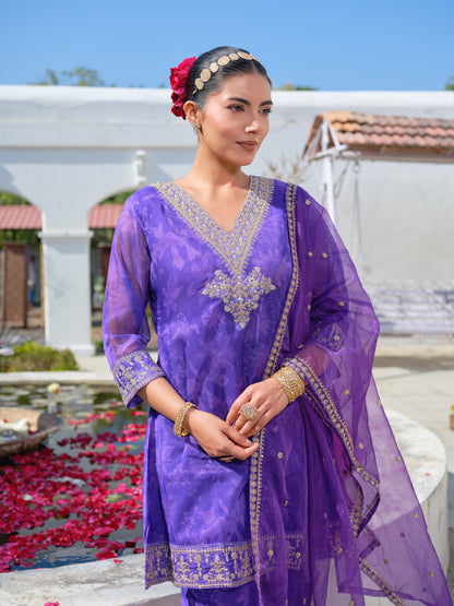 Embroidered V-Neck Kurta & Trousers With Dupatta