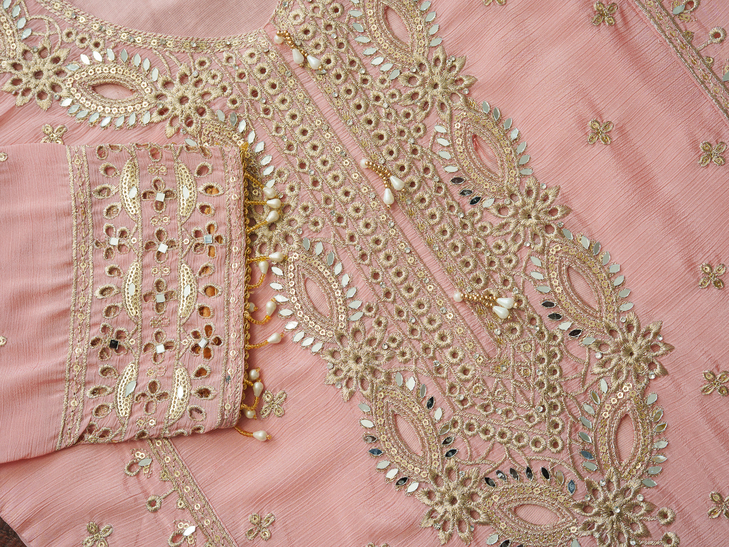 Embroidered Mirror and Cut Work Pakistani Kurta with Trouser and Dupatta Set