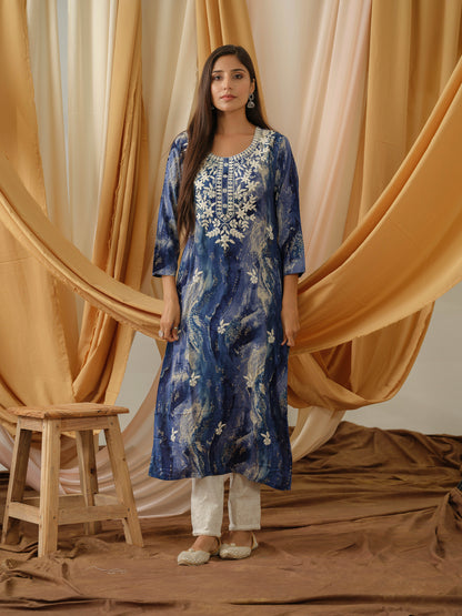 Rayon Navy-Blue Abstract Printed Straight Kurta