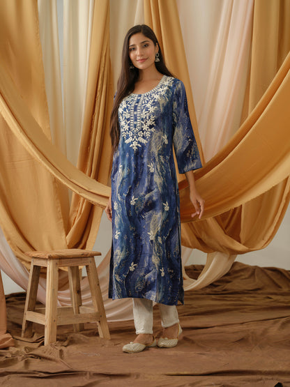 Rayon Navy-Blue Abstract Printed Straight Kurta