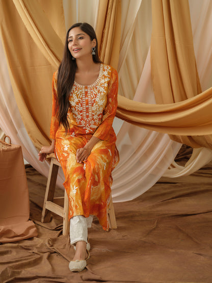 Pink Abstract Printed Straight Kurta