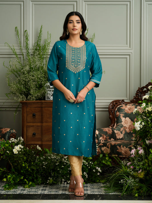 Teal Blue Embroidered Kurta with Gold Polka Detailing