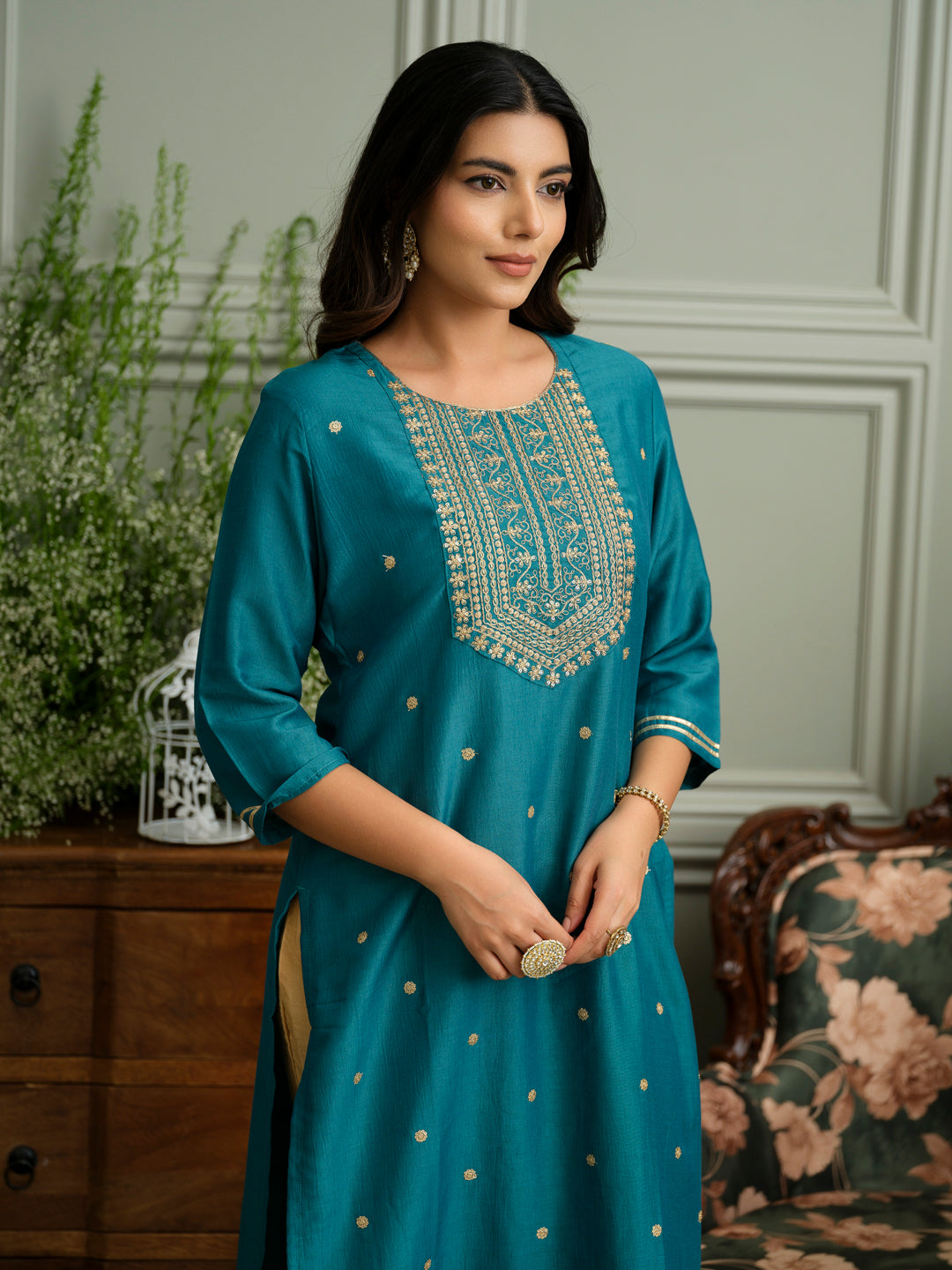 Teal Blue Embroidered Kurta with Gold Polka Detailing
