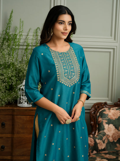 Teal Blue Embroidered Kurta with Gold Polka Detailing