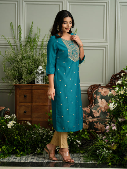 Teal Blue Embroidered Kurta with Gold Polka Detailing