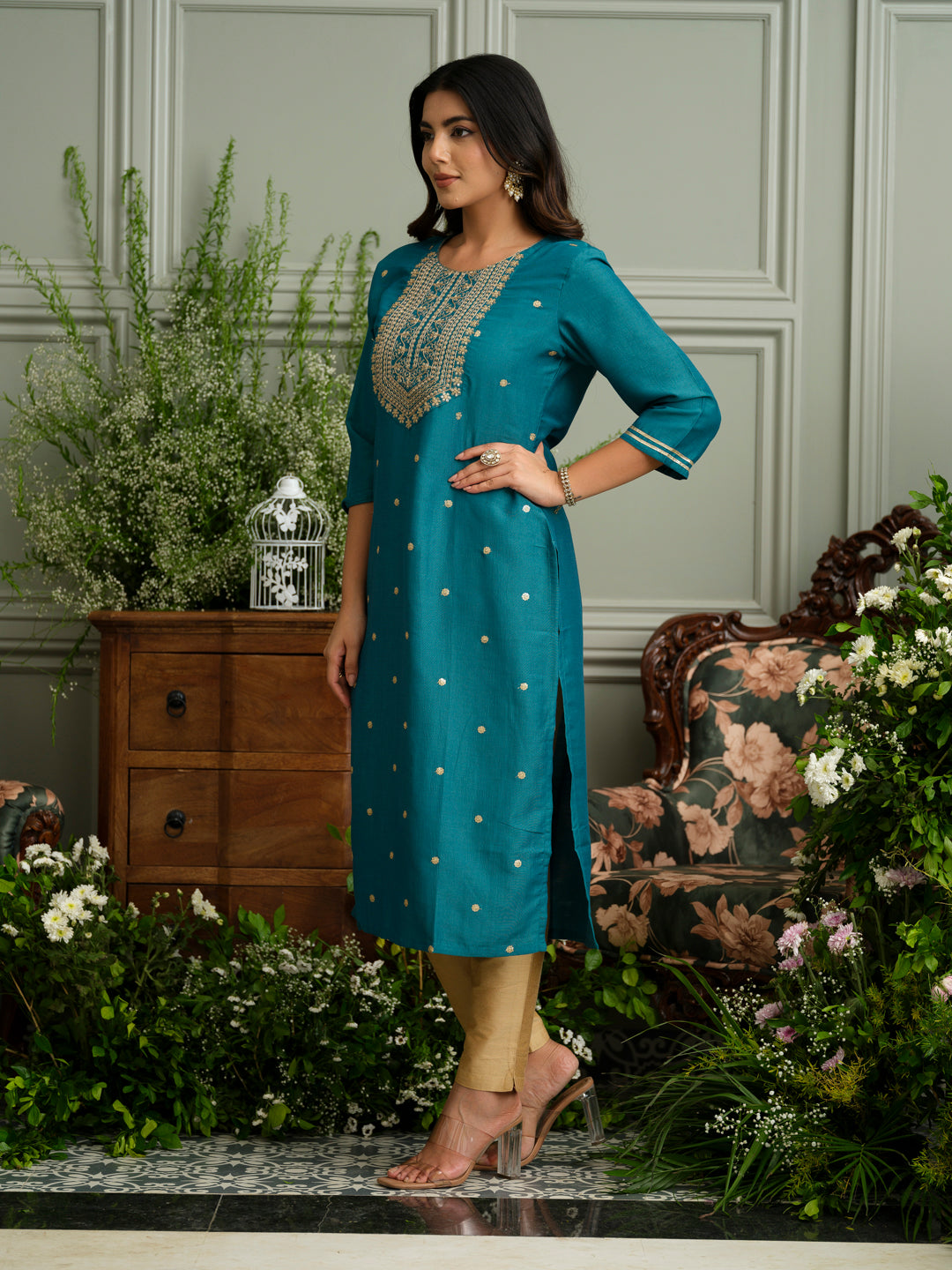 Teal Blue Embroidered Kurta with Gold Polka Detailing