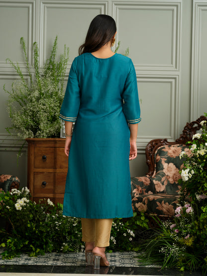 Teal Blue Embroidered Kurta with Gold Polka Detailing