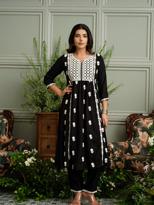 Women’s Black Hand Chikankari Embroidery A-Line Kurta with Pant