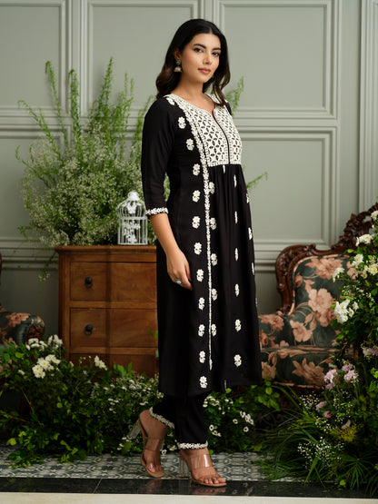 Women’s Black Hand Chikankari Embroidery A-Line Kurta with Pant