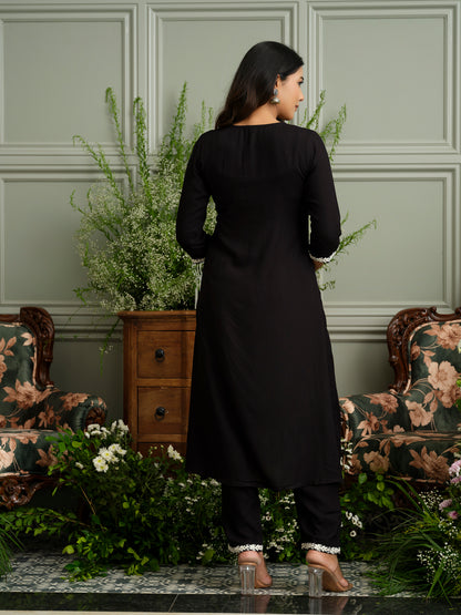 Women’s Black Hand Chikankari Embroidery A-Line Kurta with Pant
