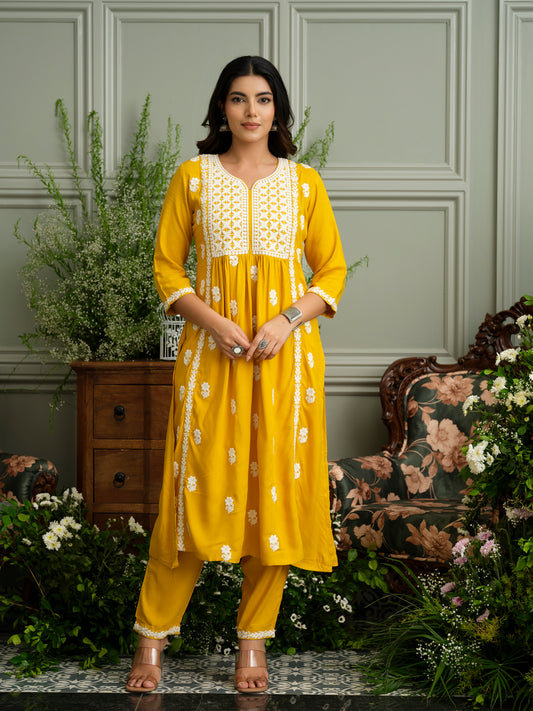 Women's Mustard Hand Chikankari embroidery A-Line Kurta with Pant