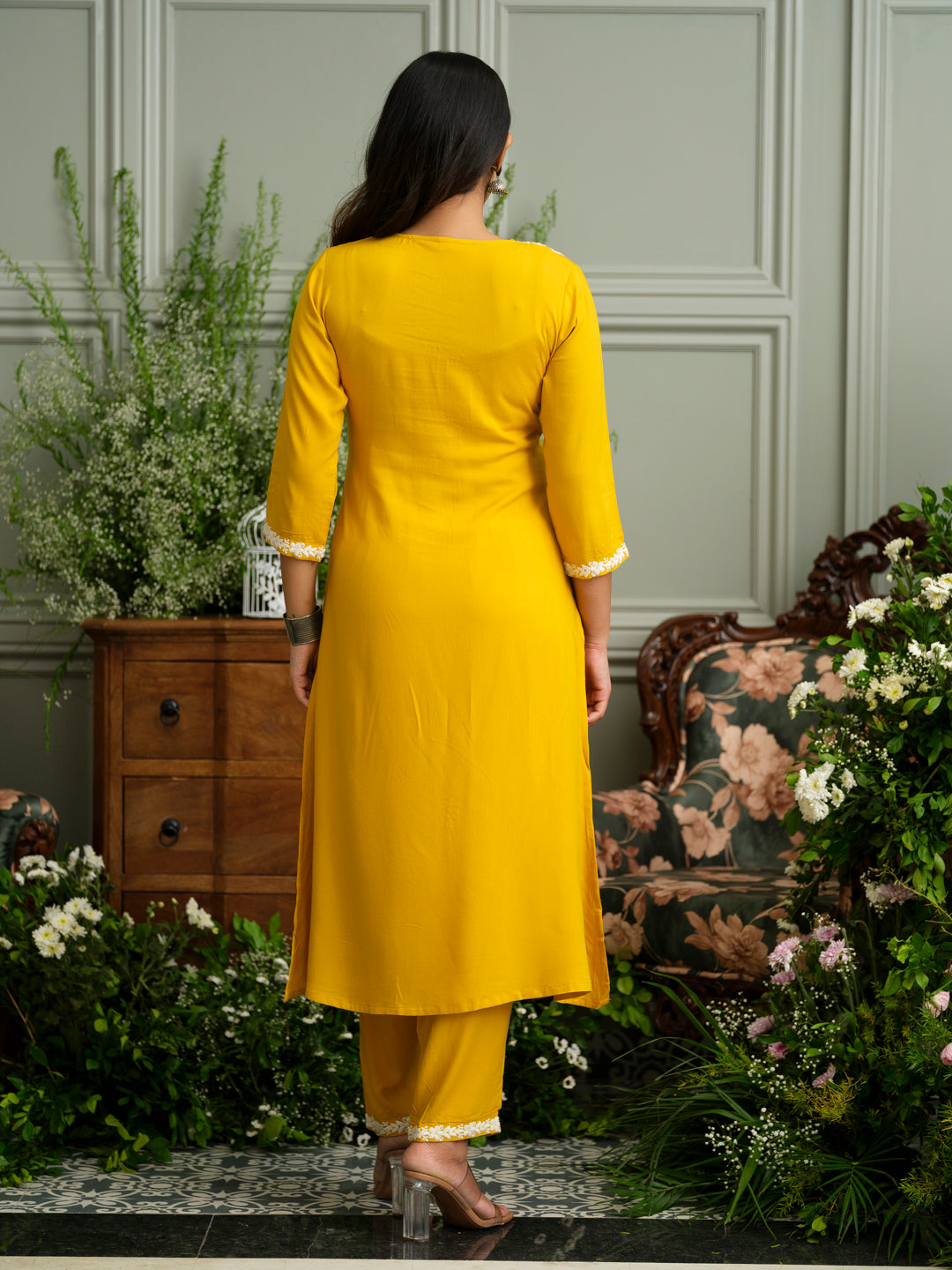 Women's Mustard Hand Chikankari embroidery A-Line Kurta with Pant