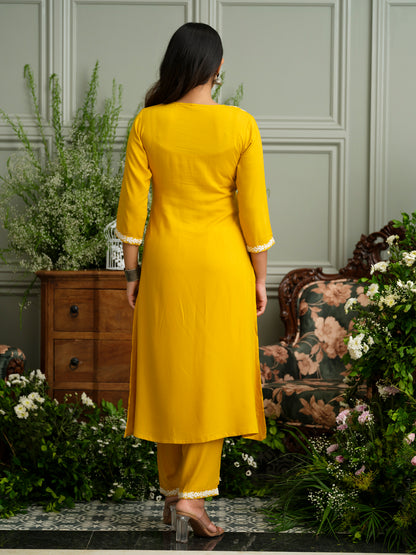 Women's Mustard Hand Chikankari embroidery A-Line Kurta with Pant