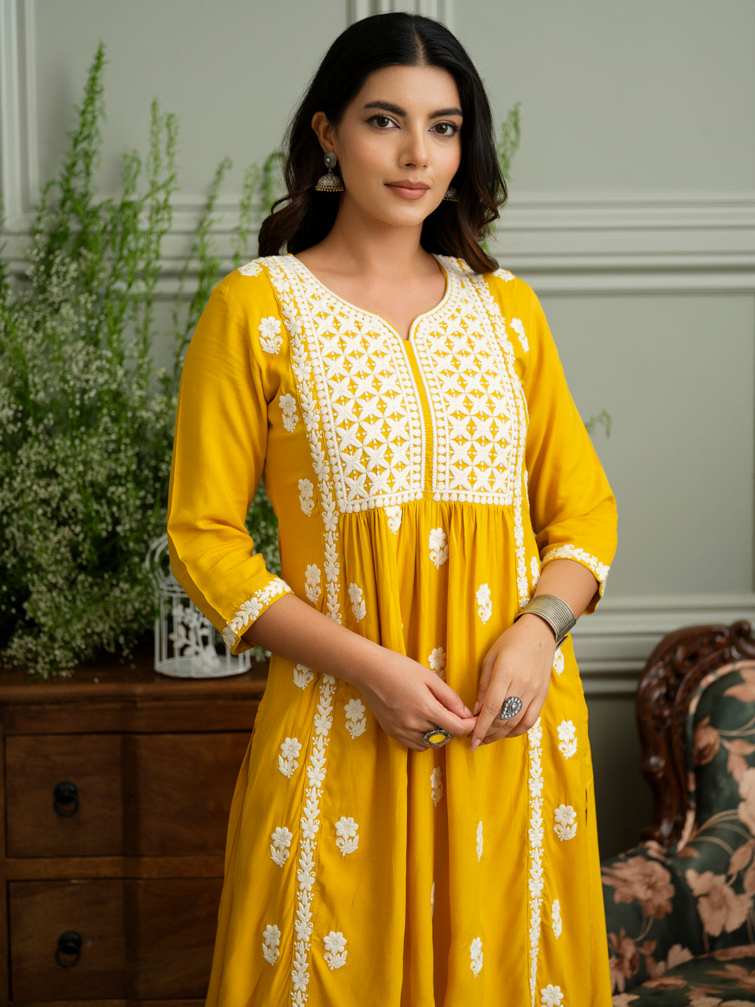 Women's Mustard Hand Chikankari embroidery A-Line Kurta with Pant