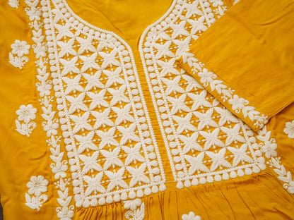 Women's Mustard Hand Chikankari embroidery A-Line Kurta with Pant