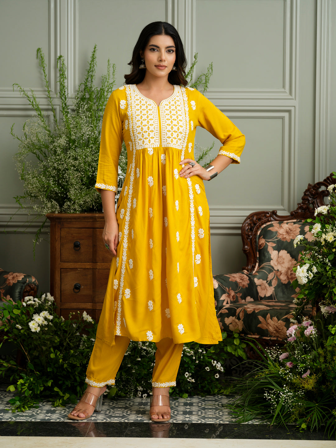 Women's Mustard Hand Chikankari embroidery A-Line Kurta with Pant