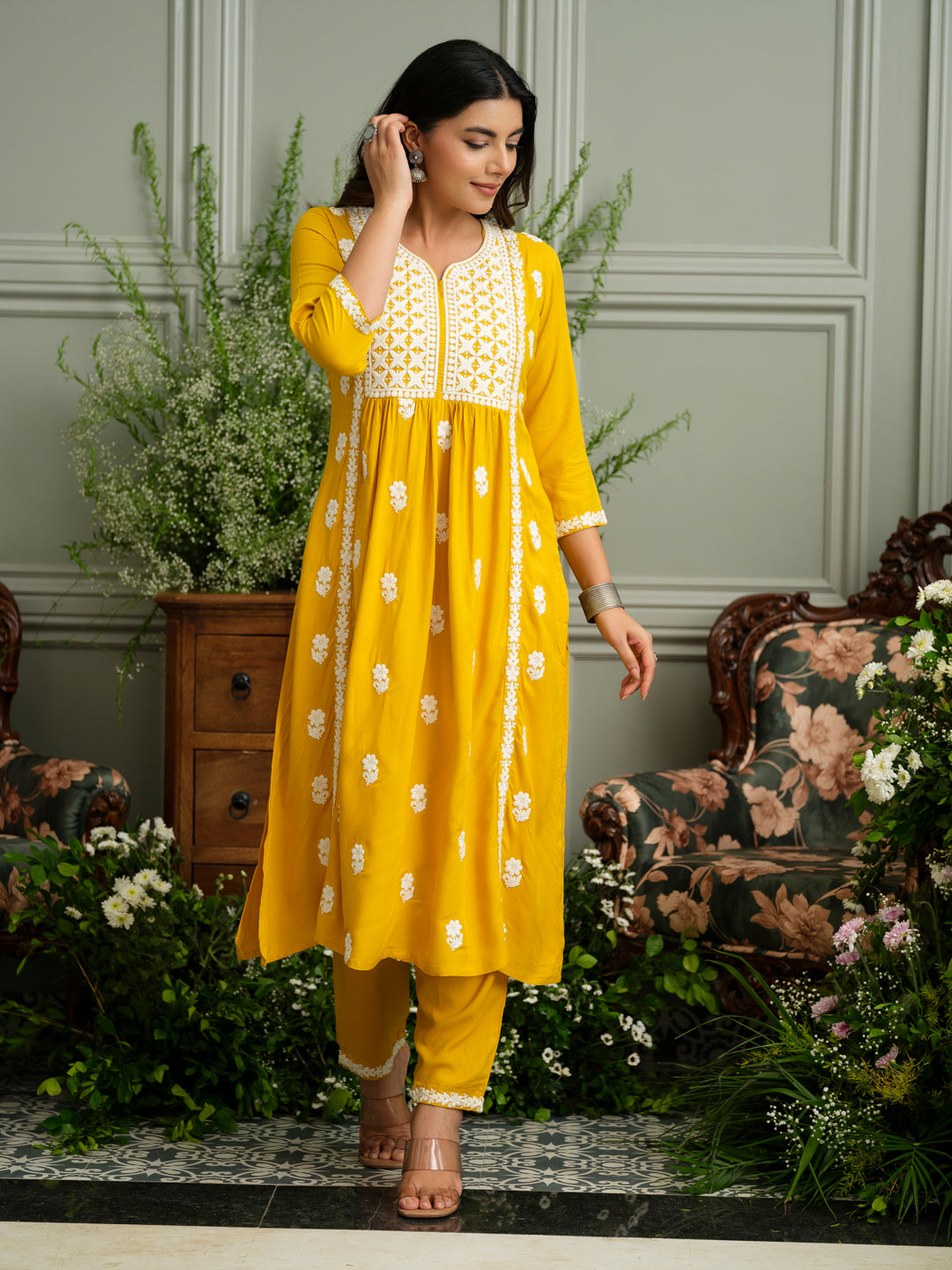 Women's Mustard Hand Chikankari embroidery A-Line Kurta with Pant