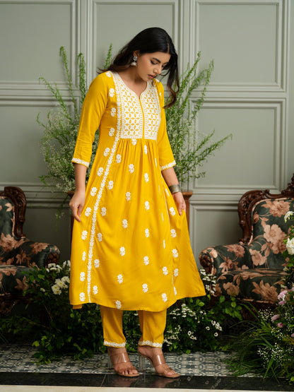 Women's Mustard Hand Chikankari embroidery A-Line Kurta with Pant
