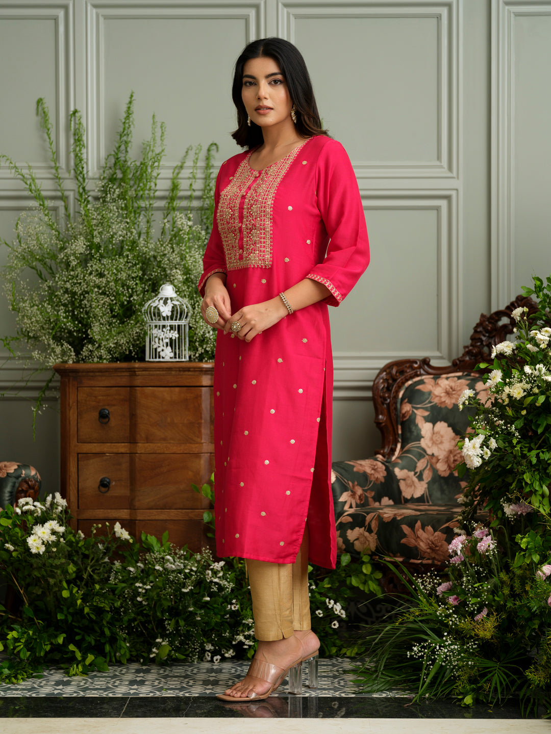 Pink Embroidered Kurta with Gold Polka Dots and Panel Work