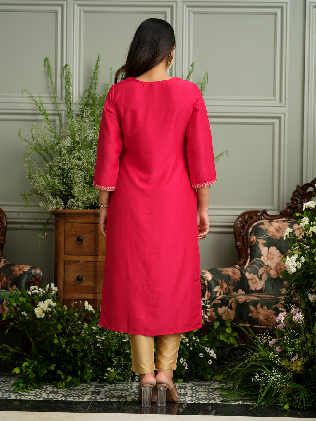 Pink Embroidered Kurta with Gold Polka Dots and Panel Work