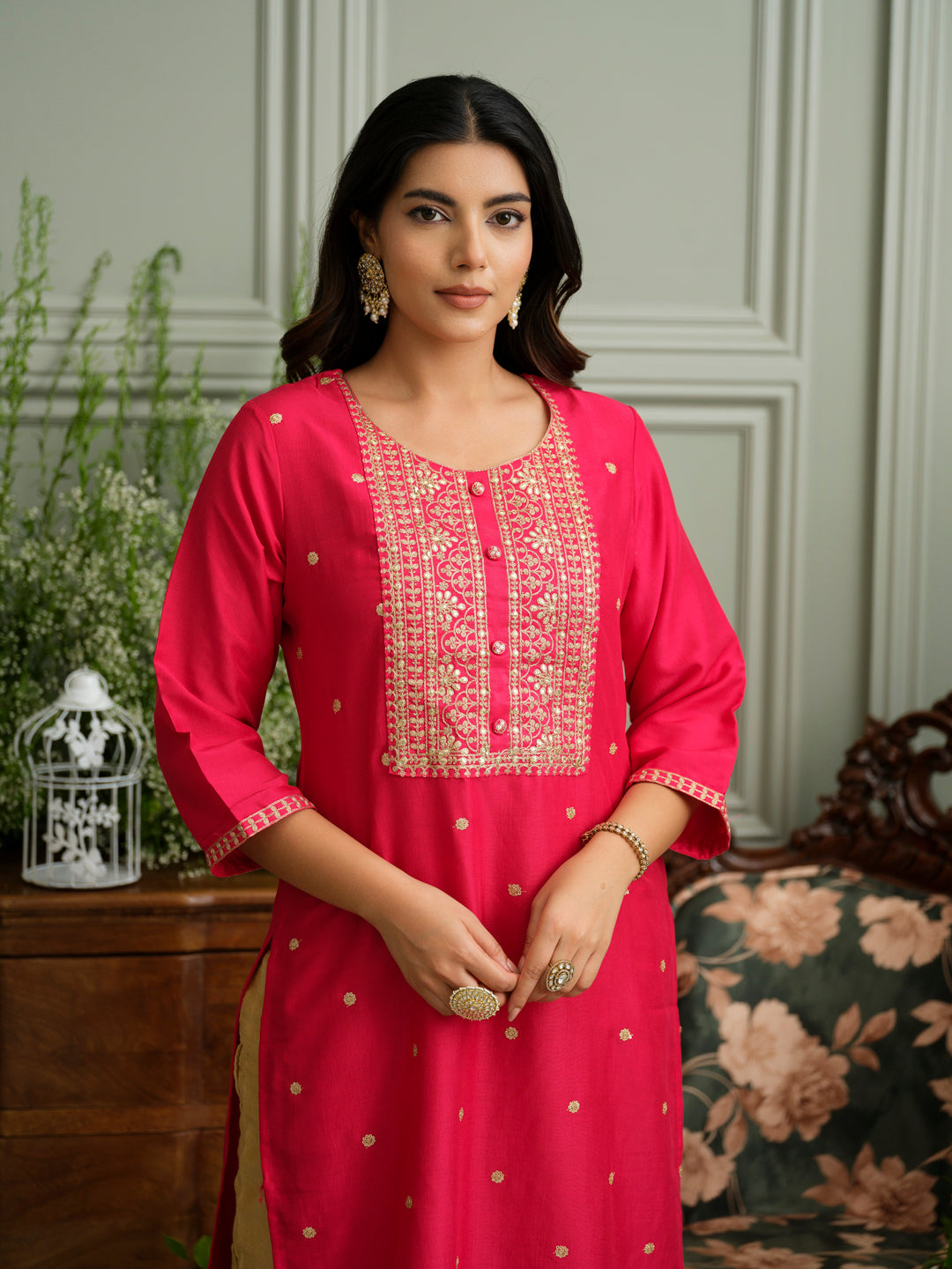 Pink Embroidered Kurta with Gold Polka Dots and Panel Work