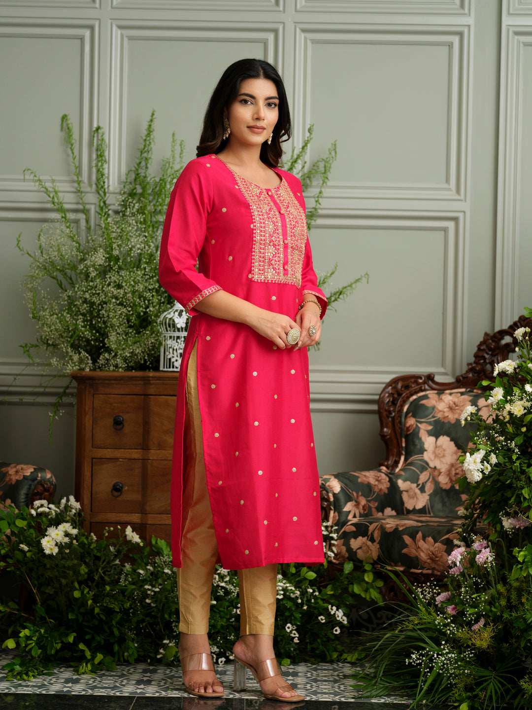 Pink Embroidered Kurta with Gold Polka Dots and Panel Work