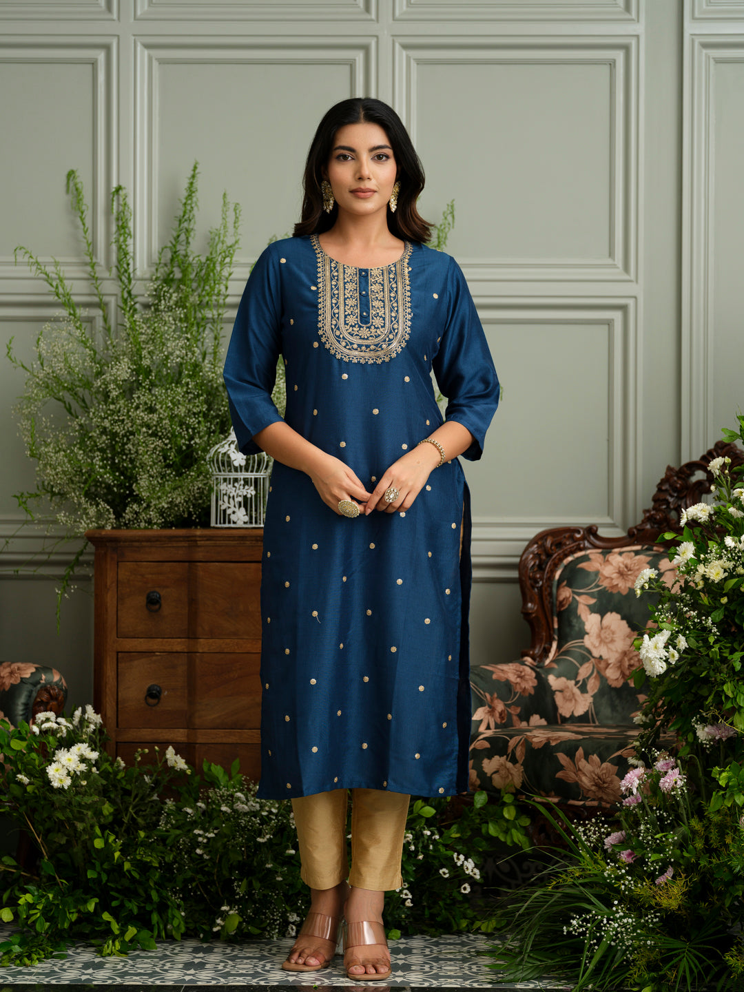 Navy Blue Kurta with Embroidered Neckline and Gold Accents