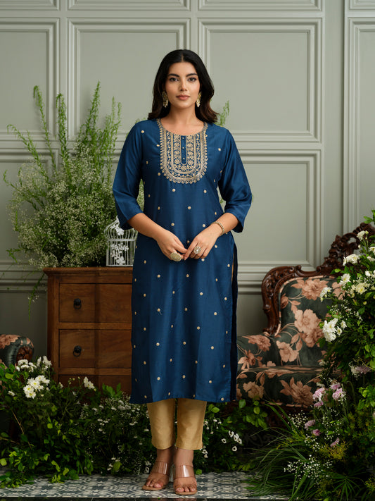 Navy Blue Kurta with Embroidered Neckline and Gold Accents
