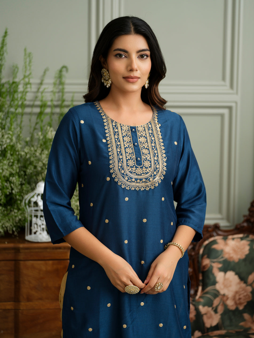 Navy Blue Kurta with Embroidered Neckline and Gold Accents