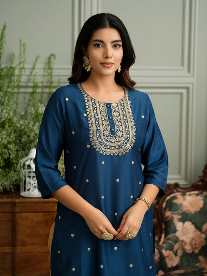 Navy Blue Kurta with Embroidered Neckline and Gold Accents