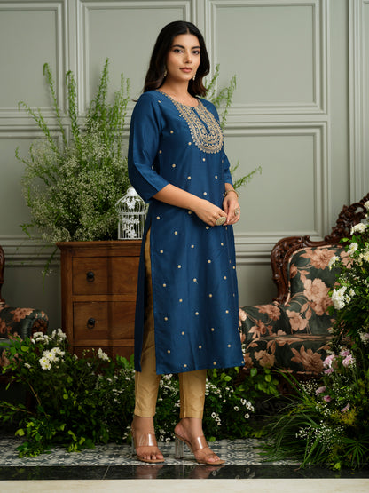 Navy Blue Kurta with Embroidered Neckline and Gold Accents