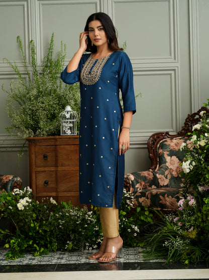 Navy Blue Kurta with Embroidered Neckline and Gold Accents