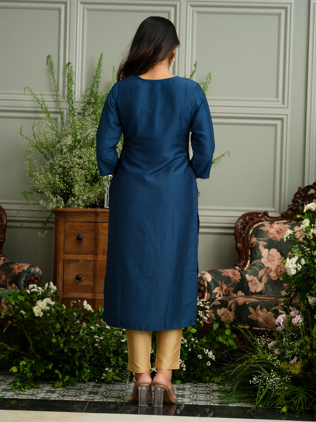 Navy Blue Kurta with Embroidered Neckline and Gold Accents