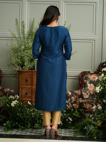 Navy Blue Kurta with Embroidered Neckline and Gold Accents