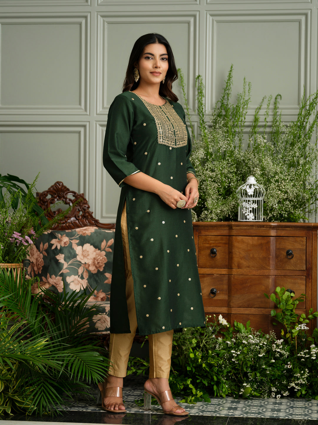 Mehndi Green Embroidered Kurta with Gold Polka and Yoke Design