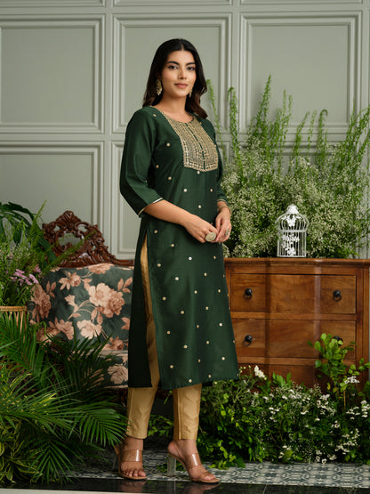 Mehndi Green Embroidered Kurta with Gold Polka and Yoke Design