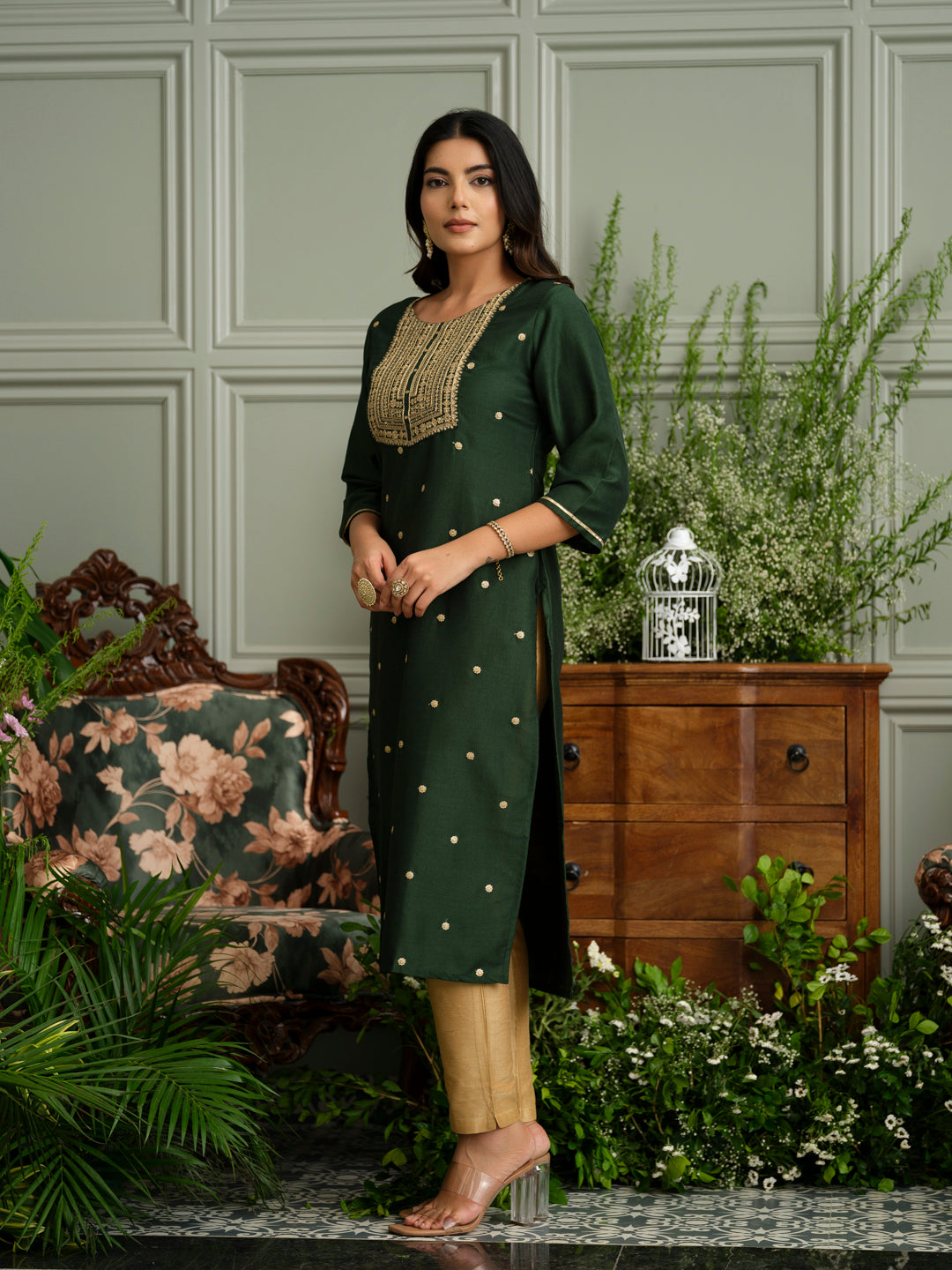Mehndi Green Embroidered Kurta with Gold Polka and Yoke Design