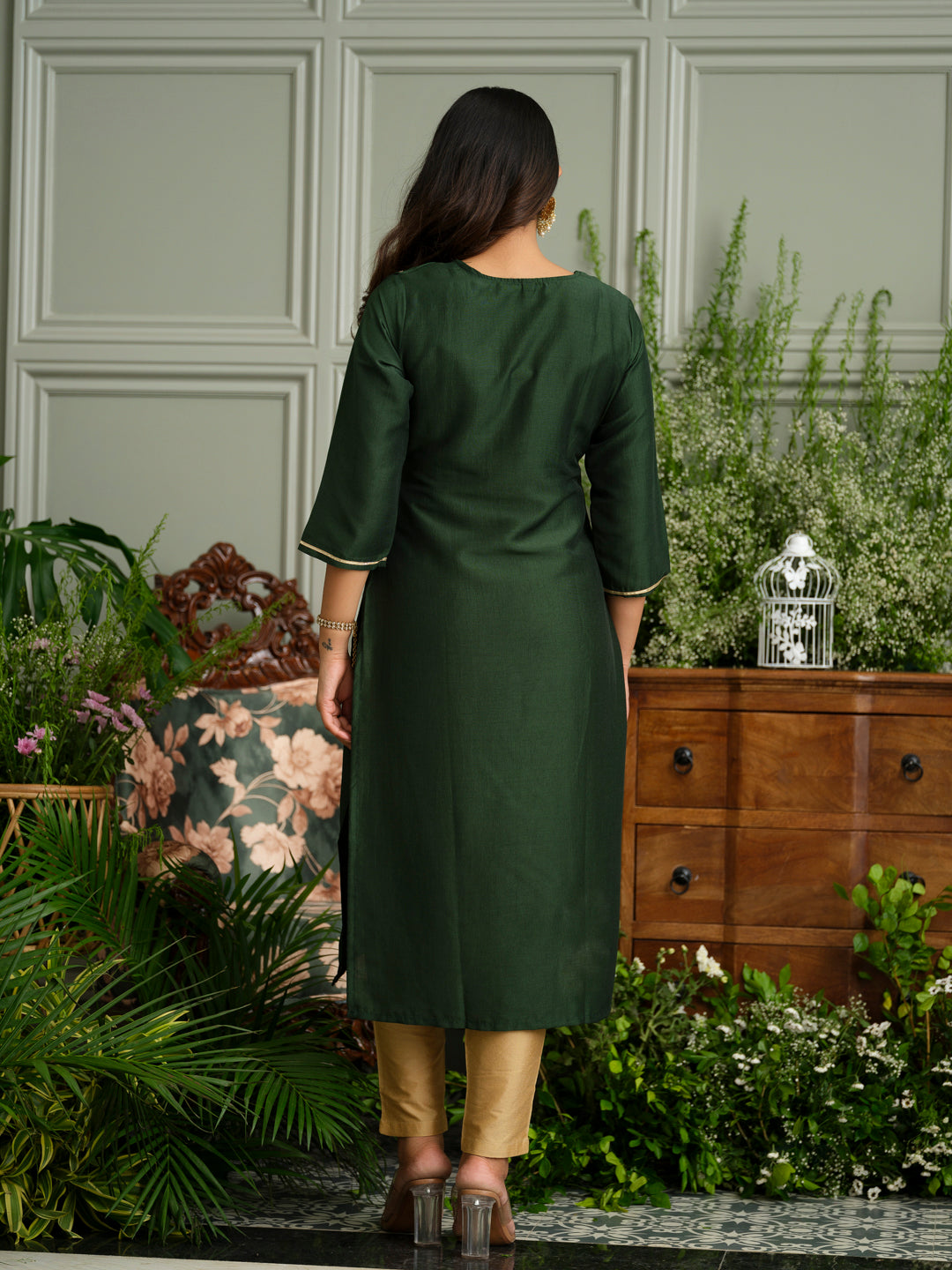 Mehndi Green Embroidered Kurta with Gold Polka and Yoke Design