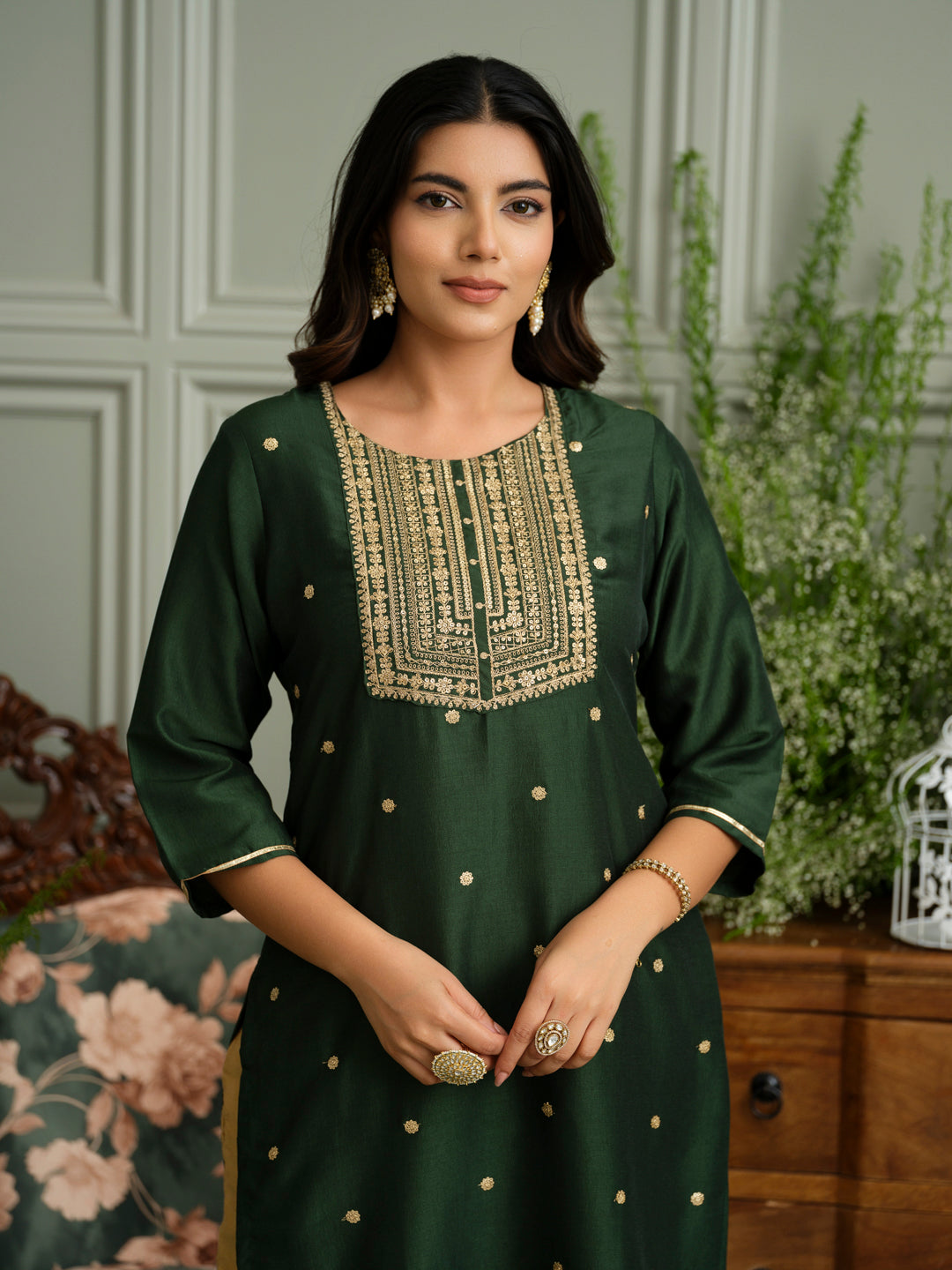 Mehndi Green Embroidered Kurta with Gold Polka and Yoke Design