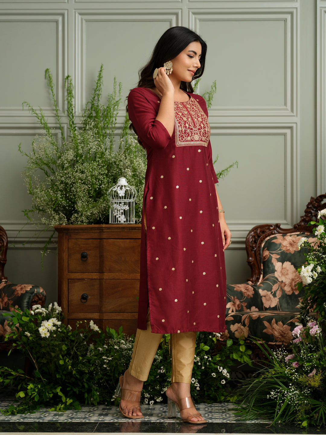 Maroon Embroidered Kurta with Gold Polka Accents and Yoke Detailing