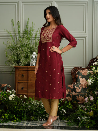 Maroon Embroidered Kurta with Gold Polka Accents and Yoke Detailing