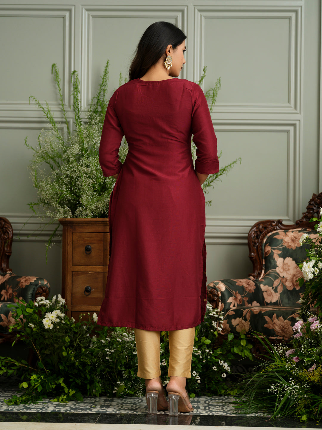 Maroon Embroidered Kurta with Gold Polka Accents and Yoke Detailing