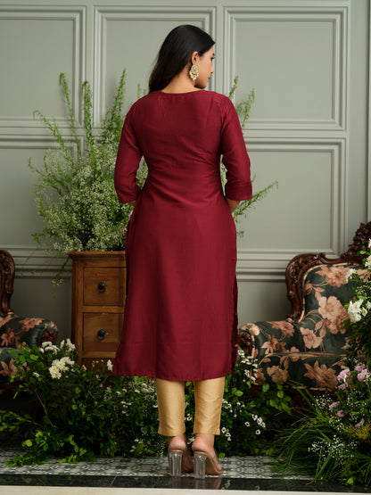 Maroon Embroidered Kurta with Gold Polka Accents and Yoke Detailing