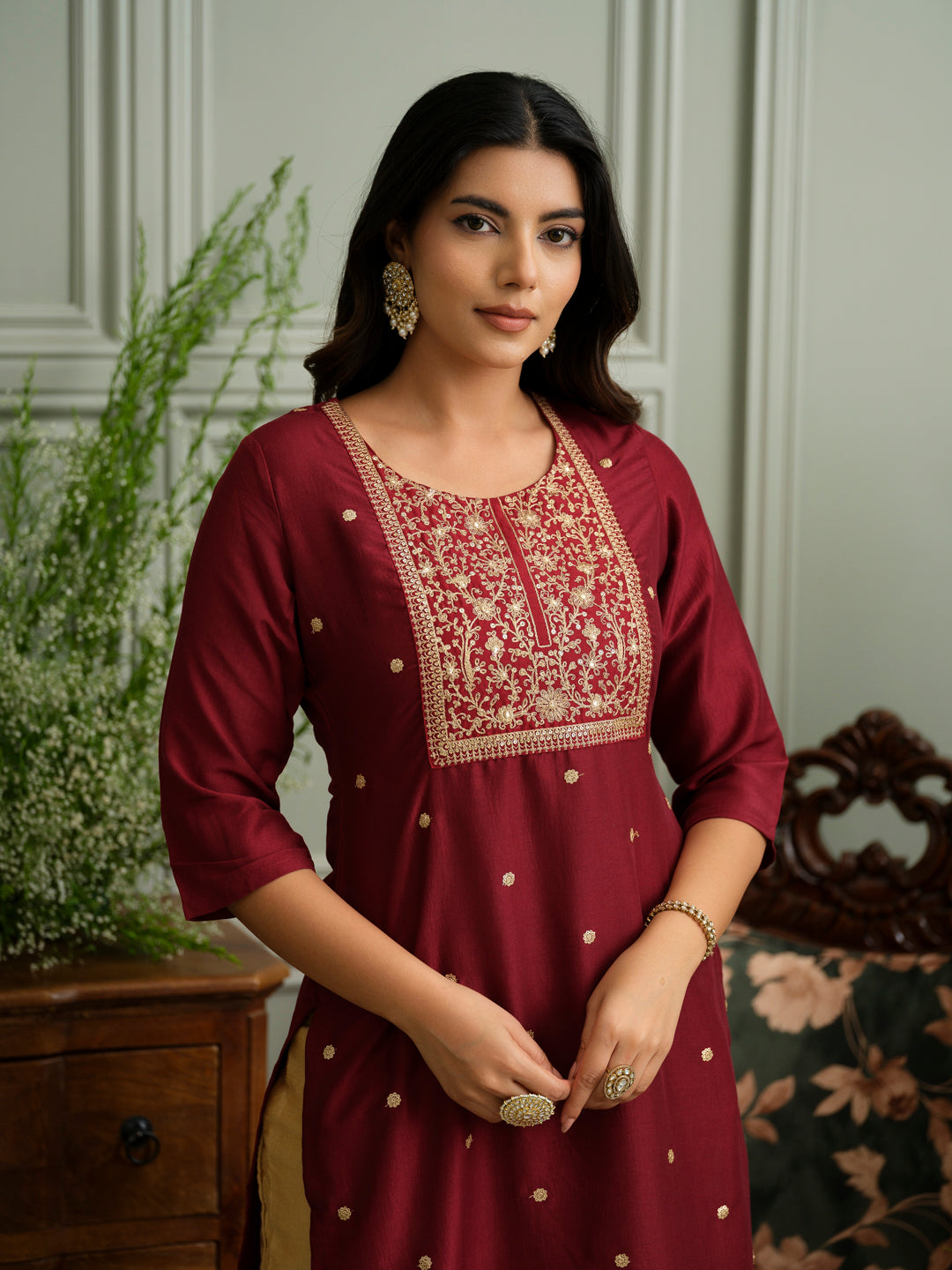 Maroon Embroidered Kurta with Gold Polka Accents and Yoke Detailing