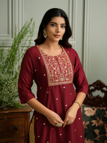 Maroon Embroidered Kurta with Gold Polka Accents and Yoke Detailing