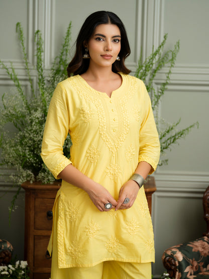 Yellow Embroidered Cotton Co-ord Set with Kurta & Wide-Leg Pants