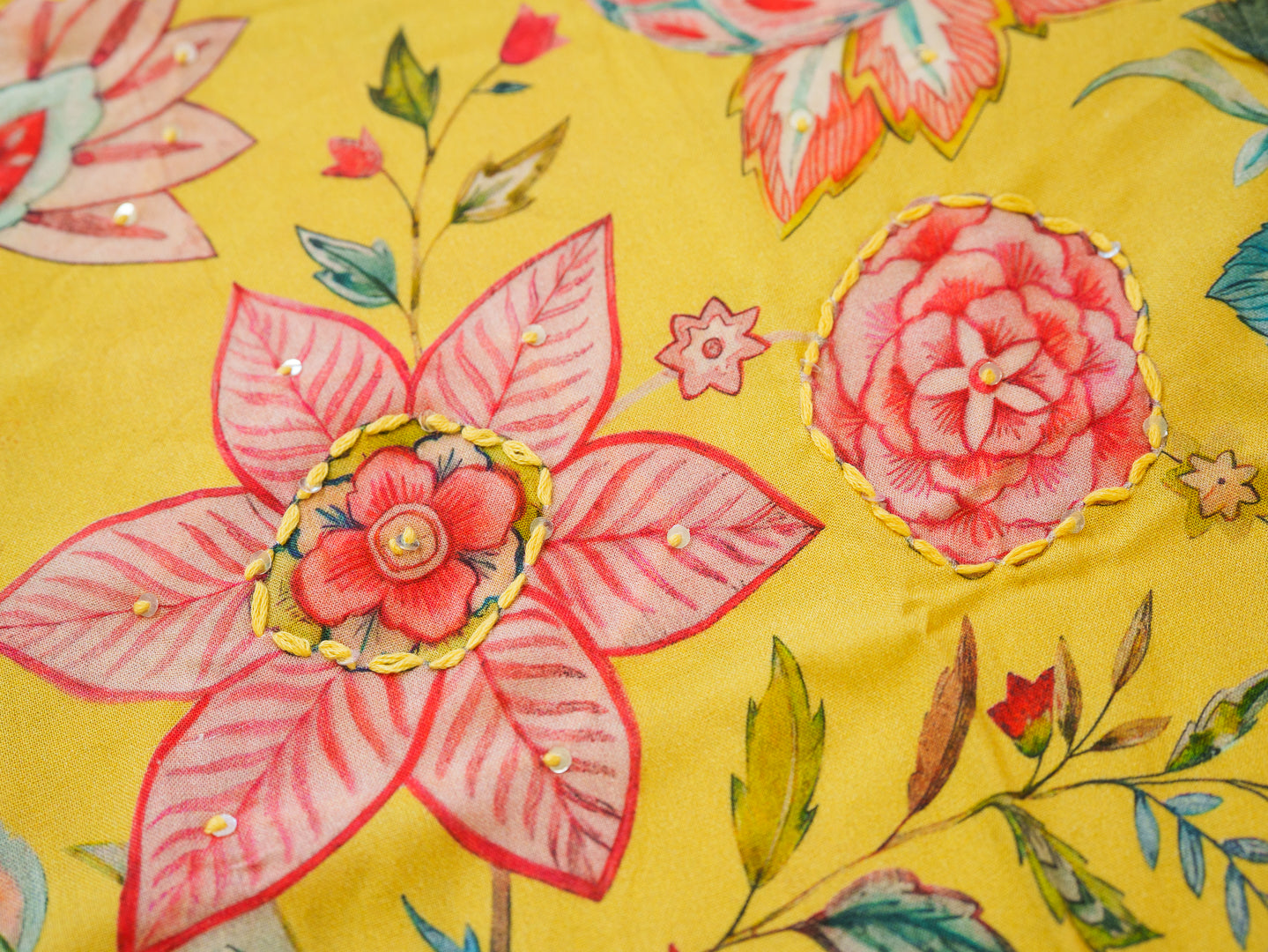 Mustard Rayon Kurta with Handwork and Bold Floral Print