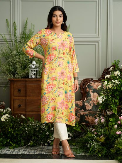 Mustard Rayon Kurta with Handwork and Bold Floral Print